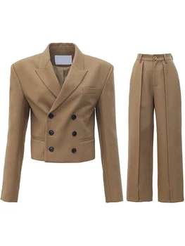 Francouzský Vintage Khaki Klasický Profil Dvouřadový Krátký Oblek Bunda Vysokým Pasem Rovné Kalhoty 2020 Zimní Nové Streetwear