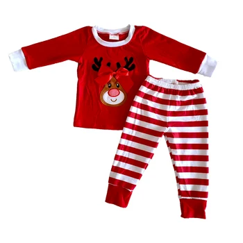Poslední zimní vánoční dívky oblečení s červenou mašlí dlouhý rukáv top a oblečení stripe set s sobů tisk
