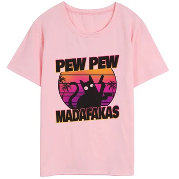 Pew Pew Madafakas Tisk Ženy T košile Vražedné Černá Kočka S Pistolí Vtipné Tričko Ležérní Halloween Krátký Rukáv Top Tričko Tričko