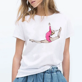 ZOGANKIN Letní Akvarel Baletní Tanečník Tištěné Dívka Bílé tričko Kawaii Gymnastika Tance Milence Dárek Tee Shirt Femme Tričko