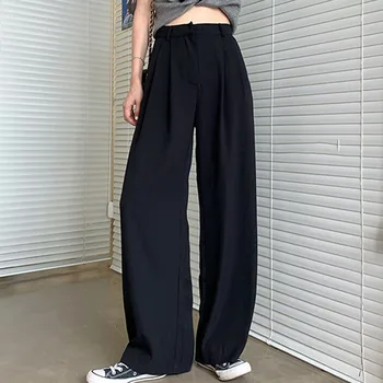 Nový Korejský Styl, Elegantní A Ležérní Široké Kalhoty Nohy Ženy 2020 Zelená Béžová Černá Podzim Kancelář Kalhoty Streetwear Volné Vysokým Pasem Kalhoty