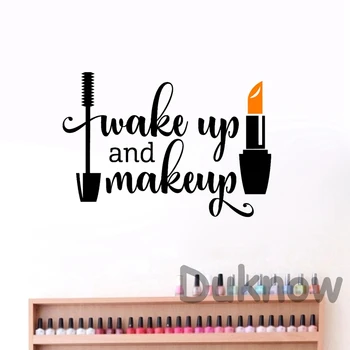 Wake Up a Make-up Vinyl Samolepka na Zeď Holky Koupelnové Zrcadlo Vanity Obtisk Vodotěsné Rtěnku, Řasenku, Obtisky, Beauty Salon Dekor