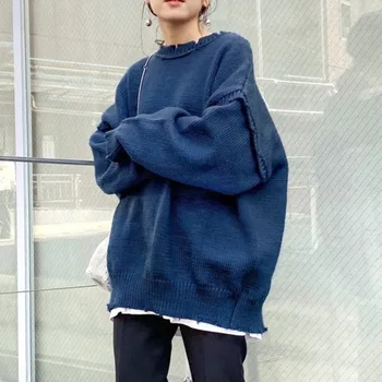 2020 nový Japonský styl podzimní oblečení nosit dva přírodní hrana osobnosti pletený svetr loose svetr ženy jednoduché a módní