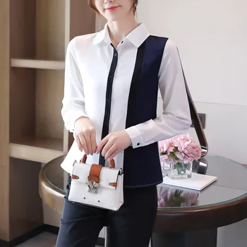 Korejské Ženy Šifon Košile Žena Patchwork Halenky Top Ženy Dlouhý Rukáv Košile Blusas Mujer De Moda 2020 Verano Dámské Topy