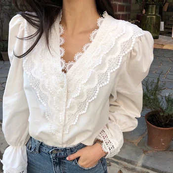 Bílé krajky halenka ženy tlačítko up tričko puff sleeve top black dlouhý rukáv v krku korejský módní oblečení office elegantní bluzki