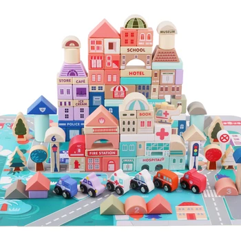 115 Ks Děti, Hračky, Dřevěné Hračky Městském Provozu Scény Geometrický Tvar Montované Stavební Bloky Počátku Vzdělávací Hračky Pro Děti