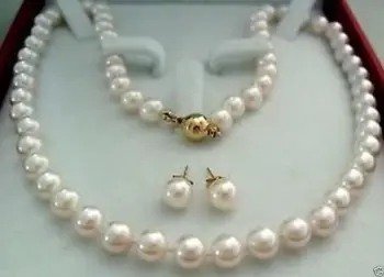 14K Zlato Sponu 7-8MM AAAA Bílé Akoya Kultivované Pearl Náhrdelník Náušnice