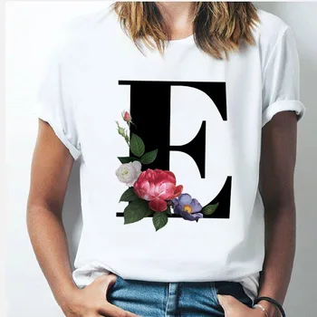 26 Dopis Květinové Tisk Ženy Populární Počáteční T-shirt Speciální Dárek Pro Důvěrnice Dívky Lady O-neck Výrazné Osobnosti Tričko