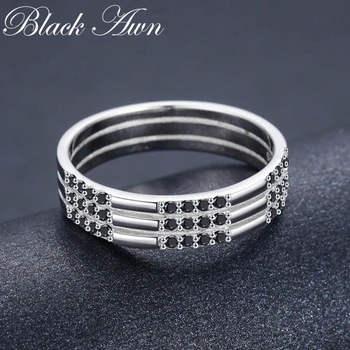 [BLACK AWN] Klasický Kulatý Prst Prsten, 925 Sterling Silver Šperky Černý Spinel Snubní Prsteny pro Ženy C474