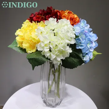 INDIGO - Hortenzie Květina S Listy 5ks/lot Displej Hedvábí Květina Stolní Dekorativní Svatební Květina Party Události Dekorace