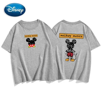 Disney Přední Zadní Mickey Mouse Kreslený Dopis Tisku Páry Unisex Ženy T-Shirt Krátký Rukáv O-Neck Svetr Topy Tee 10 Barev