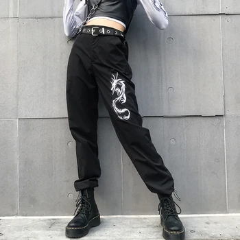 Weekeep Čínský Styl Drak Vyšívání Kalhoty Dámské Černé Vysoké Pasu Tužka Kalhoty Volné 2019 Módní Plné Délky Kalhoty Ženy