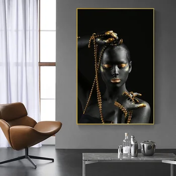 Africké černé žena s zlaté šperky plátno mural art plakáty a tisky Africké dívka tělo umění obraz, nástěnná dekorace