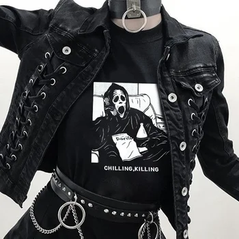 Punk Gothic T Shirt Ženy Módní Casual T-košile Halloween Duch Chlazení Zabíjení Dopis Tisk Krátký Rukáv Tričko Topy Oblečení