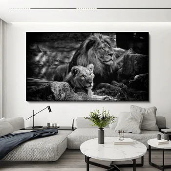 Černá A Bílá Lion Pár Plátně Obrazy Moderní Zvířat Zeď Umění Modulární Dekorativní Obraz Pro Obývací Pokoj Domácí Dekor