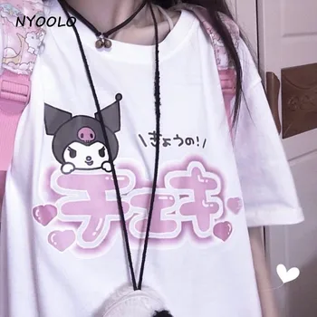 NYOOLO Letní kreslené Japonské dopisy tisk krátký rukáv T-shirt ženy oblečení Harajuku sladké dívky O-neck tee shirt tops