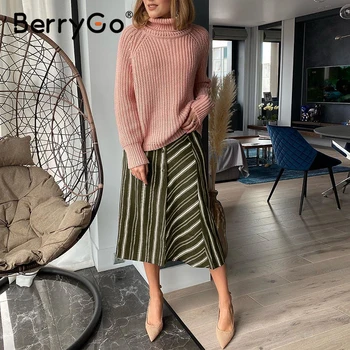 BerryGo Vysokým pasem volné pruhované podzimní sukně-line tlačítko šerpy ženy sukně Elegantní zelené nesrovnalosti design spodní 2020