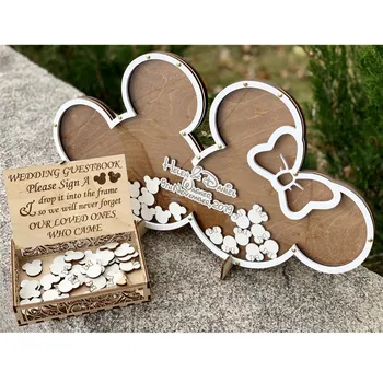 Vlastní Mickey & Minnie Svatební návštěvní kniha alternativní Drop box dřevěné krabice, narozeniny, křest, Křtiny, drop box 3D Guestbook