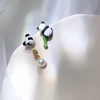 Jednoduché Kovové Zvířecí Náušnice Pro Ženy Módní Asymetrický Panda Bambusové Pearl Náušnice Pro Dospívající Dceru, Holka