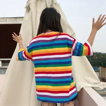 Ženy Plus Velikost Polovina Rukáv Harajuku T-Shirt Rainbow Kontrastní Barevné Kříž Pruhy Tištěné Nadrozměrné Volné Svetr Top