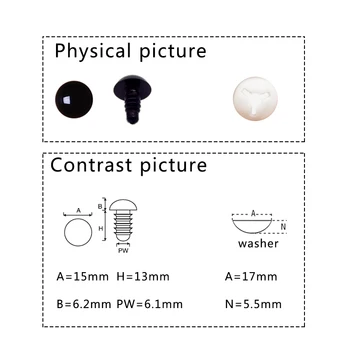 15mm černé plastové zvíře řemeslo očima příslušenství amigurumi oči bezpečnost pro medvídek, panenka háčkování hračky přijít s podložkou 100ks