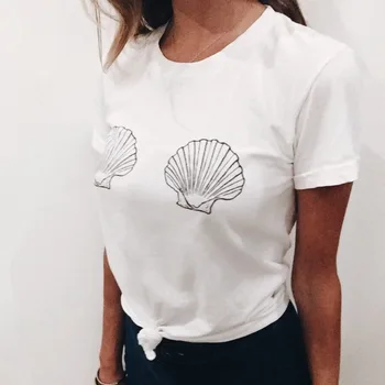 Mermaid Sea Shell Podprsenka Print T-shirt Ženy Estetické Prso Grafické Vtipné Top Tee Příležitostné Letní Tumblr Prázdniny na Pláži Tričko