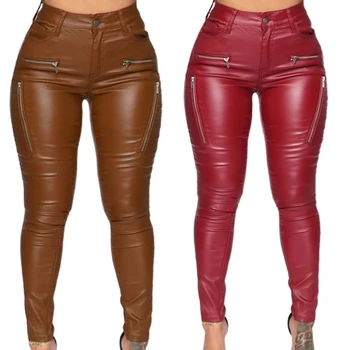 Sexy Umělé Kůže Stretch Skinny Kalhoty 2020 Ženy Střední Vzestup Plná Barva Legíny Fake Zip, Těsné Tužka Kalhoty S-5XL