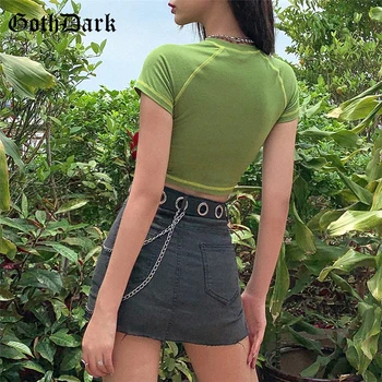 Goth Tmavé E-holka Sladké Bodycon Harajuku Crop Topy Tričko Pro Ženy Angel Grafický Tisk Neformální T-košile Zelená Léto O-neck Top