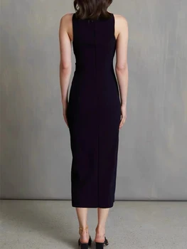 Francouzský Elegantní Slim One-Slovo Rameno Složit Rozdělit Dlouhé Přiléhavé Šaty Ženy 2020 Podzim A Zima All-Zápas Vesta Šaty