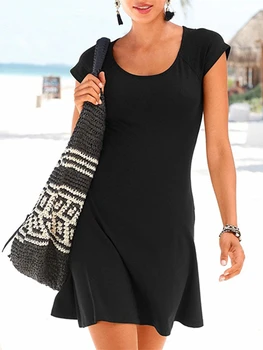 Černé Elegantní Panel Krajky Šaty Ženy Letní Patchwork Klasický Kulatý Výstřih Krátký Rukáv A-Line Pláž Styl Mini Šaty