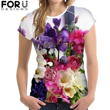 FORUDESIGNS Flower Print T-Košile pro Ženy, Dívky Módní Letní Měkké Květinové Krátký Rukáv Ženské Tričko Topy Tričko Lady Streetwear