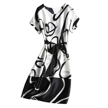 Silviye Nordic černá a bílá vytištěno hedvábné šaty dámské moruše hedvábí francouzský pas párty-line šaty nové letní