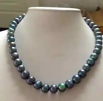 Ohromující 9-10mm tahitian kolo černá zelená vícebarevná perlový náhrdelník 18inch Stříbrná spona