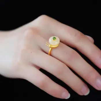 Přírodní Hetian bílé jade šnek otevření nastavitelný prsten Čínském stylu retro kreativní světlo luxusní elegantní dámské stříbrné šperky