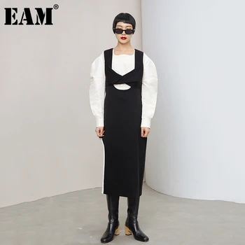 [EAM] Ženy vydlabat Nepravidelný Černý Pletení Šaty New V-límec bez Rukávů Loose Fit Módní Příliv Podzim Zima 2021 1DD0298