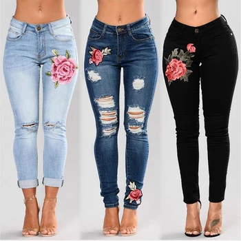 Úsek Vyšívané Džíny Pro Ženy Elastické Květinové Jeans Ladies Denim Tužka Kalhoty Díra Roztrhané Vzor Růže Džíny Femme Locanda Fiorita