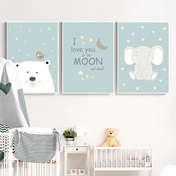 Medvěd, Slon, Umění Plátno, Plakáty Školky Tisknout Obraz Hvězda Moon Wall Art Plakát Dítě Nordic Zdi Obrázky Baby Boy Room Decor