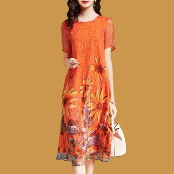 Elegantní Květinové Šaty Pro Ženy Volné Krátký Rukáv Vestido Mujer 2018 Ležérní Střední-Tele Umělé Hedvábí Šaty Plus Velikost Oranžová Letní Šaty