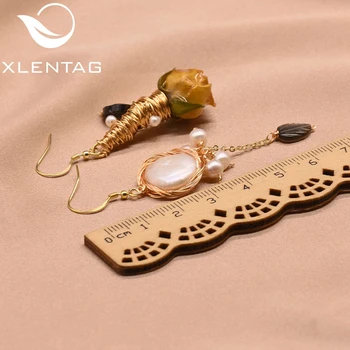 XlentAg Přírodní sladkovodní Pearl Opravdu Květina, Ruční práce Asymetrické Houpat Náušnice Pro Ženy Náušnice, Luxusní Šperky GE0593