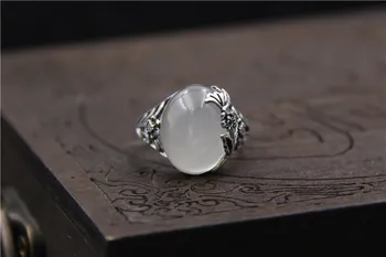C&R Pure S990 Mincovní Stříbro Prsteny pro Ženy Palace retro etnické vyřezávané bílé přírodní chalcedon Otevření ring Jemné Šperky