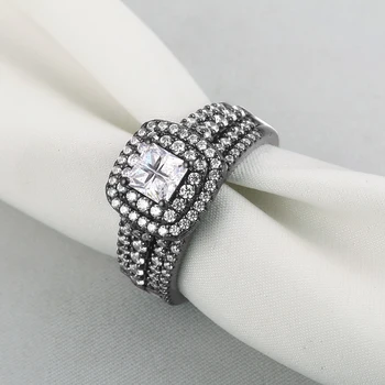 Newshe 925 Sterling Silver Černé Svatební Prsten Sada Pro Ženy Halo Bílé AAA Zirkon Zásnubní Prsteny, Šperky BR0763B