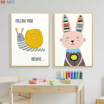Šnek, Ježek Tisk Roztomilý Zvířata, Plátno, Malba, Kreslený Plakát Žlutá Školky Wall Art Dětský Pokoj Dekorace Obrázky