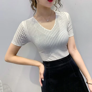 Diamanty T Shirt Ženy Módní 2020 V-Neck Letní Topy Korejské Ženy Oděvy T-Shirt Ženy Tričko Krátký Rukáv Tee Shirt Femme