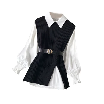 2021 jaro podzim dámské lucerna rukáv košile, pletené vesty dvoudílné sady College styl pás vesta dvě sady top Y900