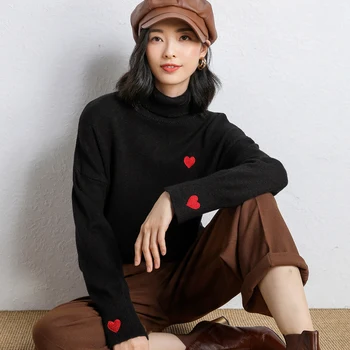 Rolák vyšívané ve tvaru srdce svetr dámské jednobarevné svetr svetr podzimní a zimní oblečení volné svetr korejské