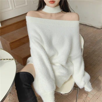 Korejský styl Pletené Svetry Ženy Volné měkké teplé Svetry a pulovry Žena Svetry off rameno topy (R99455