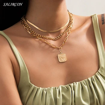 Salircon Geometrické článkové Řetězy Náměstí Přívěskem Náhrdelník pro Ženy, Vintage Multi Layer Květina náhrdelník Náhrdelník Pár Šperky Dárek