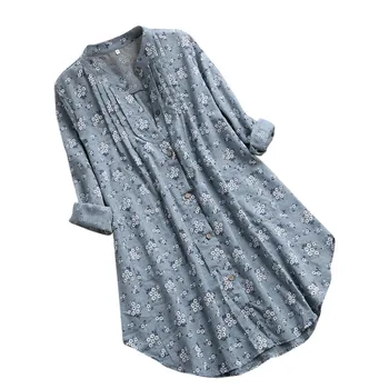 KLV Módní Hot Prodej Velké Velikosti Dámské V-Neck Tees Skládaný Květinové Tisk košile Dlouhý Rukáv Ležérní Topy Dámy T-Shirt