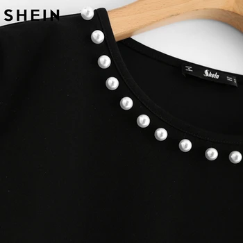 SHEIN Pearl Lištování Krku Kontrast Trim Vrcholy Černé a Bílé Barvy Blok Podzim Top Dlouhý Rukáv Elegantní T-shirt