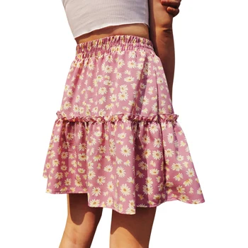 2020 Nový Design Květinové Tisk Mini Sukně Ženy A-line Neformální Vysoký Pasu Plus Velikost Skládaný Sukně Holka Sexy Růžové Krátké Sukně Xs